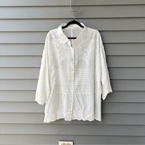 Soft Surroundings Embroidered Button Down Top Off White Sheer Blouse Women’s 2X